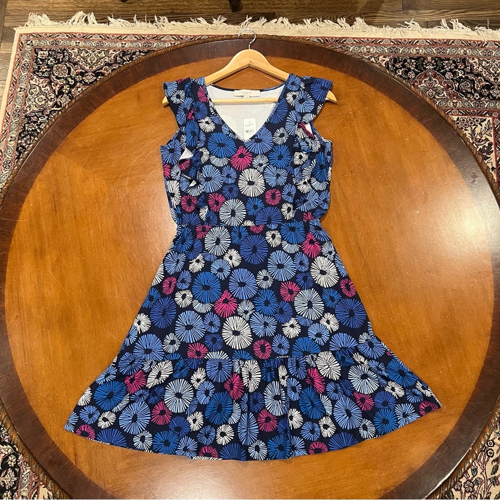 NWT $90 Ann Taylor LOFT Firework Print Swing Dress Sailor Navy Small Sleeveless - Picture 4 of 16